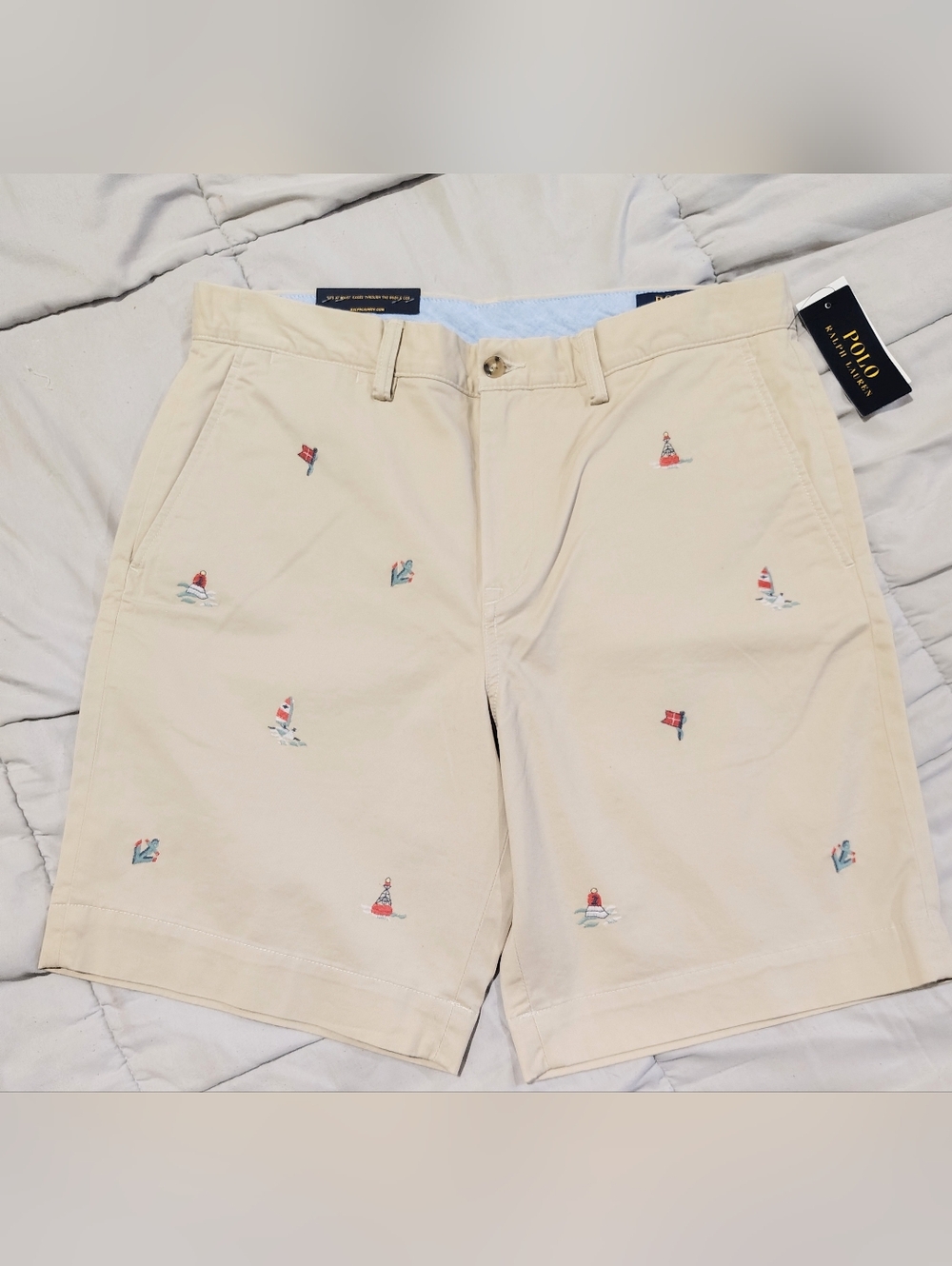 Polo Ralph Lauren Beige Embroidered Nautical Chino Shorts Size 33 NWT
